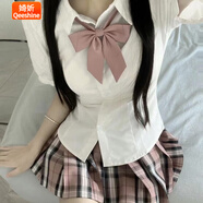婍妡（Qeeshine）jk短袖修身收腰襯衫辣妹欲學(xué)院風(fēng)套裝泡泡袖綁帶收腰美式襯衣女 短袖綁帶襯衫+白桃香jk裙+粉領(lǐng)結(jié) M
