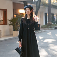 西町村屋（SETIROM）連衣裙女2023冬法式浪漫刺繡撞白翻領(lǐng)簡(jiǎn)約長(cháng)裙AD8502014 黑色 F