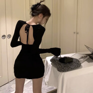 入秋謠春秋新款純欲風(fēng)短裙辣妹后背鏤空修身顯瘦時(shí)尚穿搭包臀連衣裙子女 黑色 S