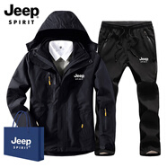 JEEP SPIRIT吉普沖鋒衣男套裝男女三合一可拆卸兩件套迷彩滑雪抓絨戶外登山服 (1203黑色+黑褲)男 XL