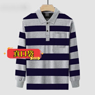 佐攸爸爸春秋款翻領(lǐng)純色長(cháng)袖T恤上衣男士休閑寬松衣父親打底衫 淺灰寬條 3XL 建議160-185斤穿