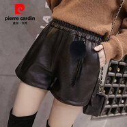 皮爾卡丹PU皮褲短褲女闊腿褲秋冬靴褲修身顯瘦真兔毛邊拼接加絨打底皮短褲 黑色毛球加絨 2XL 124-135斤