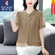 啄木鳥(niǎo)天絲短袖襯衫女夏季新款媽媽氣質(zhì)小衫棉麻亞麻襯衣寬松遮肚上衣薄 卡其色 2XL 建議125-140斤