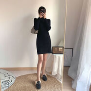 EPET春夏季的毛衣裙女寬松長袖內(nèi)搭中長款打底衫過膝針織連衣裙 黑色-85CM [加厚] M [建議95-105斤]