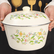 歐麗家 搪瓷盆家用帶蓋厚懷舊老式廚房豬油盆出口洋瓷盆裝豬油罐搪瓷碗 紫荊花 20cm