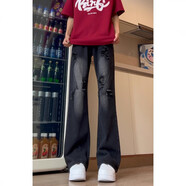 百鵲亭（BAIQUETING）cleanfit白色褲子男夏季高個(gè)子加長(cháng)直筒微喇褲美式高街破洞牛仔褲 港街先生7066黑色 M 建議90-110斤