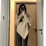 星垂曉霧不規(guī)則高領(lǐng)毛衣冬款女2023高檔名媛蝙蝠衫垂墜感慵懶毛衣秋冬季女 卡其色 蝙蝠袖上衣 S