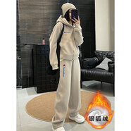 冠軍閃電美國重磅賣(mài)萌休閑運動(dòng)套裝女秋冬季時(shí)尚洋氣加絨連帽衛衣闊腿褲兩 奶茶色套裝(加絨)現貨 M