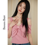 香蕉寶貝（BANANA BABY）2024夏新款露肩蝴蝶結(jié)針織衫女甜美風設(shè)計感短袖女上衣D242MY987 粉紅 L