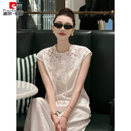 皮爾卡丹（pierre cardin）法式輕熟風(fēng)無(wú)袖重工鉤花上衣亞麻套裝高端神范寬松闊腿褲兩件套 白色上衣 【少量現(xiàn)貨】 L 【建議115-130斤】