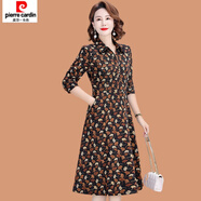 皮爾卡丹（pierre cardin）媽媽襯衫領(lǐng)連衣裙春秋裝時(shí)尚洋氣中老年女秋裝長(cháng)袖中長(cháng)款碎花裙子 咖啡楓葉 XL (參考90-105斤)