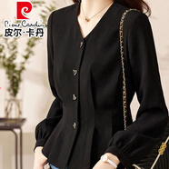 皮爾卡丹（pierre cardin）v領(lǐng)黑色襯衫女長袖2025春秋新款別致漂亮小衫高級感收腰短款上衣 黑色 XL120130斤
