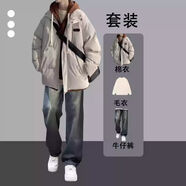 唐號(hào)假兩件棉服男款冬季寬松休閑加厚保暖棉衣外套日系潮流連帽棉襖子 杏色棉服+白色毛衣+藍(lán)色牛仔褲 L
