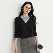 熙世界假兩件針織衫女士2025春季設計感長(cháng)袖毛衣襯衫領(lǐng)打底衫上衣 黑色 M