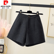 皮爾卡丹（pierre cardin）23年新款毛呢短褲女秋冬新款高腰時(shí)尚a字闊腿短褲冬季外穿褲靴 深灰格 (有里布) M