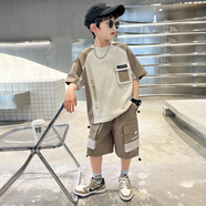 邁兜熊童裝男童夏裝套裝新款夏季休閑兒童節(jié)禮物運動短袖t恤工裝兩件套 卡其色(2322款) 140 建議身高125-135cm