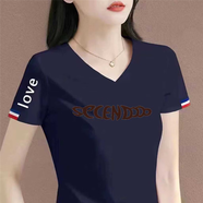 清倉(cāng)撿漏尾單大牌剪標(biāo)短袖女t恤夏寬松v領(lǐng)上衣正肩體恤半袖 45白字藏青色【中203】 XL 建議115-130斤