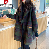 皮爾卡丹（pierre cardin）格子雙面羊絨大衣女2024秋冬新款通勤中長(cháng)款小個(gè)子西毛呢外套 墨綠格子 S