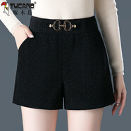 啄木鳥(niǎo)冬季黑色短褲女秋冬外穿2025新款高腰毛呢闊腿靴褲中年媽M媽褲子 9355#黑色 29/XL