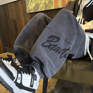 魄克重磅加絨束腳衛褲男秋季美式復古奧粒絨運動(dòng)褲子大碼印花休閑長(cháng)褲 K400深灰色 XL 175-180/120-140斤