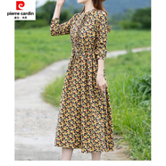 皮爾卡丹早秋時尚長袖碎花棉麻連衣裙新款女士大碼高端氣質(zhì)春秋裝裙子 黃色 XL