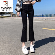 啄木鳥牛仔褲女女裝新款2025年秋冬裝黑色微喇叭高腰加絨小個(gè)子顯瘦九分 黑色微喇【八分褲】 28