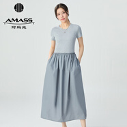 阿瑪施（AMASS）女裝極簡(jiǎn)風(fēng)拼接設(shè)計(jì)長(zhǎng)款短袖連衣小黑裙5500517 雨云灰 L (4碼)