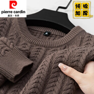 皮爾卡丹（pierre cardin）冬季男士毛衣圓領(lǐng)保暖粗棒針加厚款扭花韓版棉質(zhì)針織衫線衣復(fù)古潮 深棕色【圓-領(lǐng)】 加厚 M 適合90-120斤