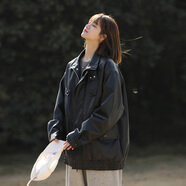 QGF美式pu皮衣外套女春秋季新款機車(chē)夾克小個(gè)子寬松休閑設計感上衣服 XZ914-5-JK622黑色 XL