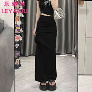 樂雅秀休閑工裝半身裙女夏高腰氣質(zhì)修身歐美顯瘦辣妹褶皺開叉包臀中長裙 黑色 2XL 125-135斤