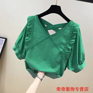 嫻槐多層短袖雪紡衫女夏季新款方領(lǐng)荷葉邊娃娃衫遮肚子短款小飛袖上衣 海洋綠-遮肚子上衣 XL -遮肚子上衣