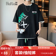 回圖（Huitu）短袖t恤男運動休閑夏季復古運動涼感高端套裝體恤寬松男裝衣服 K001黑色【t恤＋短褲】 XL