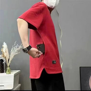 艫白夏季純色寬松大碼T恤男士短袖圓領(lǐng)隱藏式口袋重磅華夫格清涼透氣 紅色【一件】【隱藏口袋】 3XL160-170斤