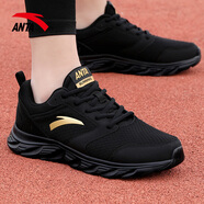 安踏男鞋運動(dòng)鞋子男士冬季款皮面防潑水軟底輕便減震保暖跑步徒步鞋 (皮網(wǎng)拼接大網(wǎng)孔)黑/金 42 碼