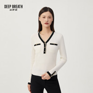 深呼吸DEEP BREATH女裝V領(lǐng)裝飾扣拼色修身小香風(fēng)羊毛針織衫女A301120 白 XL (5碼)