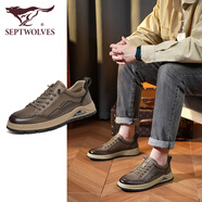 七匹狼（SEPTWOLVES）工裝鞋復(fù)古夏季男鞋戶外真皮休閑鞋男士一腳蹬運(yùn)動(dòng)旅游鞋防滑增高 卡其色0576 40 皮鞋碼