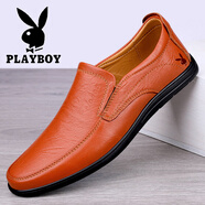 花花公子（PLAYBOY）男鞋商務正裝皮鞋男2025秋冬季新款豆豆鞋男士一腳蹬懶人鞋子男款 紅棕 39