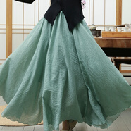 新中式雙層棉麻半身裙女夏季禪意風(fēng)女裝長(cháng)裙大擺高腰顯瘦亞麻裙子 綠色 長(cháng)度83公分左右