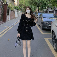 伊離姿方領(lǐng)小個(gè)子長(cháng)袖連衣裙春秋2024新款收腰顯瘦溫柔風(fēng)小眾燈芯絨短裙 黑色【垂感好不起皺】 M 【101-110斤】