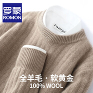 羅蒙（ROMON）100%純羊毛針織衫男士秋冬季輕熟風(fēng)提花圓領(lǐng)毛衣男加厚保暖打底衫 DC656紫絨駝 XL碼(100%綿羊毛)