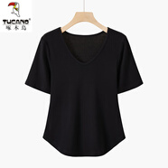 啄木鳥(niǎo)加I肥大尺碼女裝短袖莫代爾t恤女夏胖m妹上衣V領(lǐng)遮肚子棉半袖 黑色 V/領(lǐng) XL 建議110-130斤
