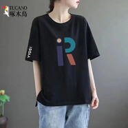 啄木鳥100%純棉t恤女短袖2025夏季寬松上衣印花新款百搭中長(zhǎng)款體恤ins潮 黑色【R字母】 M 建議100-120斤