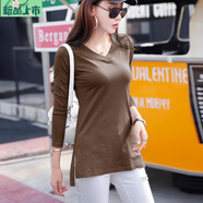 艾妃琳2025春裝新款v領(lǐng)中長(cháng)款包臀打底衫長(cháng)袖純色上衣女裝t恤寬松體恤棉 咖啡色 S 90以下