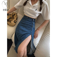 詩(shī)蒂淑高腰牛仔半身裙女夏季側(cè)開(kāi)叉中長(zhǎng)款藍(lán)色修身a字包臀裙子2025新款 藍(lán)色 XL