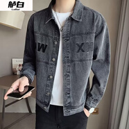 艫白新款春秋牛仔外套男士時尚休閑工裝夾克男上衣服 W104黑灰色 XL