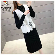 啄木鳥(niǎo)羊·毛針織連衣裙女秋冬季鑲鉆新款馬甲背心中長(cháng)款毛衣裙兩件套裝 白色【兩件套】 S 【80-95斤】