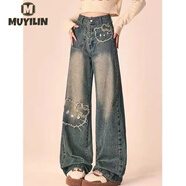 沐依琳牛仔褲女秋季新款小個(gè)子貓咪刺繡遮肉顯瘦闊腿褲垂感百搭拖地長(zhǎng)褲 藍(lán)色小個(gè)子款 145-155 XS