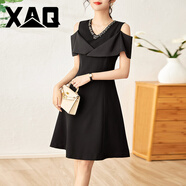 XAQ高端輕奢連衣裙女夏季時尚名媛氣質(zhì)小香風(fēng)鑲鉆露肩收腰顯瘦A字裙 黑色 L