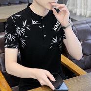 edcofgivensi純棉短袖T恤男士立領(lǐng)夏季新款半截袖青年時(shí)尚潮流印花男裝上衣服 5811-黑色 3XL (185) 145-160斤