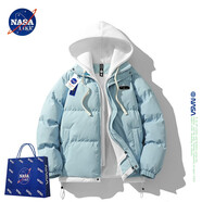 NASA LIKE官方棉服男冬季保暖假兩件連帽棉衣羽面包絨服男士防寒外套棉襖子 N99淺藍(lán)色 XL （建議120-140斤）